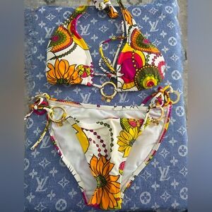 Hippie Look Floral Bikini With Gold Ring Accents And Charms